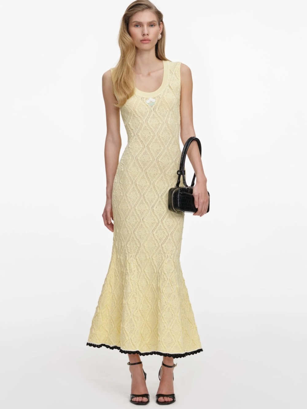 NWOT Self-Portrait YELLOW POINTELLE KNIT MIDI DRESS